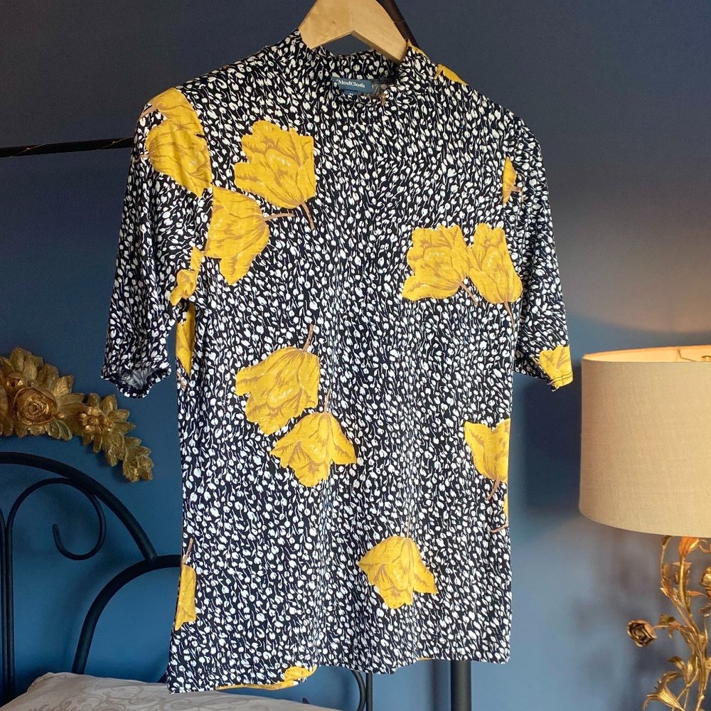 Modcloth Yellow with Black and White Floral Print Mock Turtleneck Top